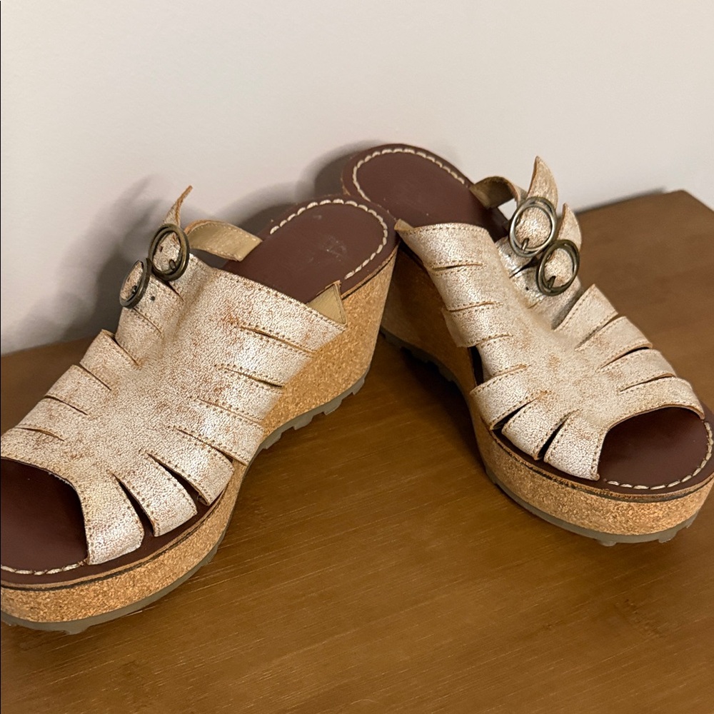 Fly London Metallic Gold Wedge Slide Sandals